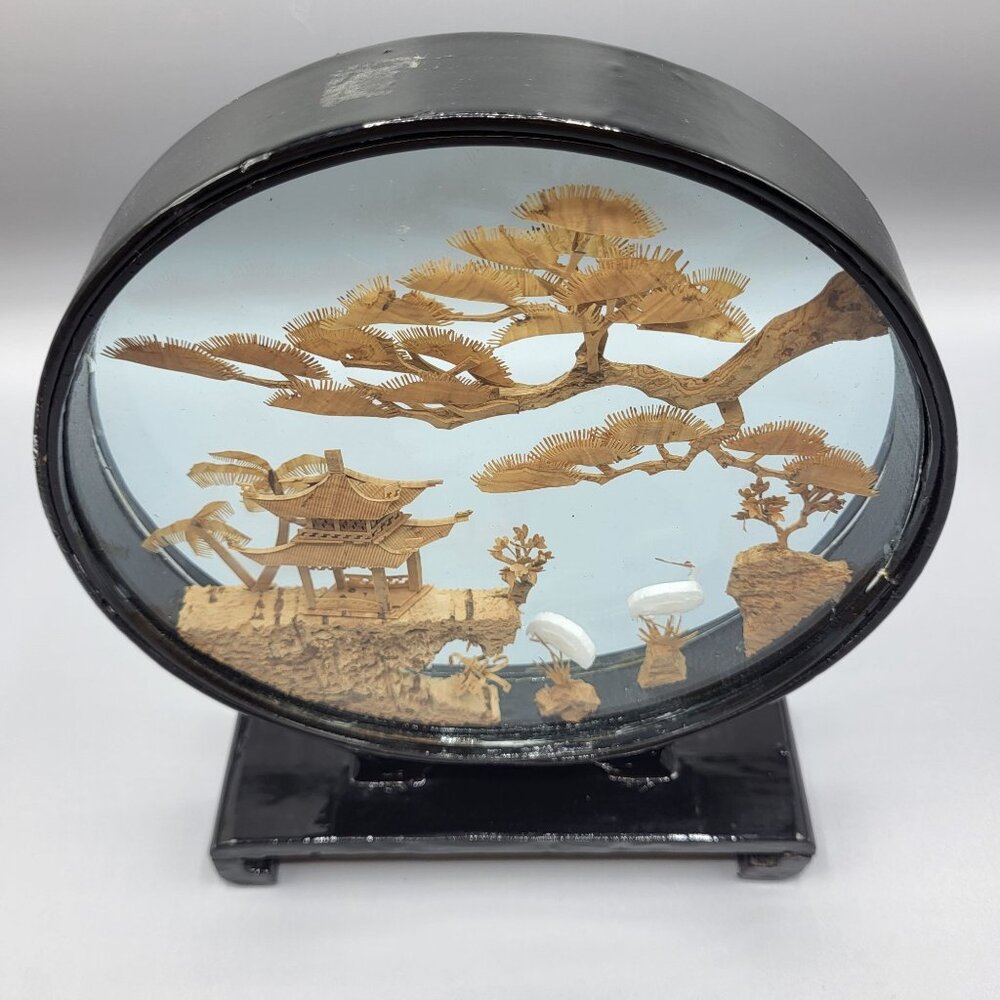 Vtg Chinese Hand Carved Cork Diorama Cranes Black Lacquer Art Stand 8.5" x 6.25" - Picture 3 of 13